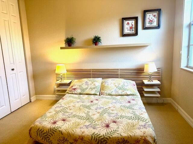 carpeted bedroom with a closet