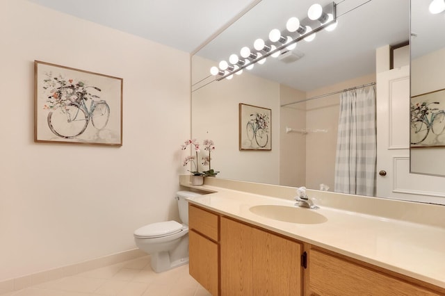 bathroom with curtained shower, tile patterned flooring, vanity, and toilet