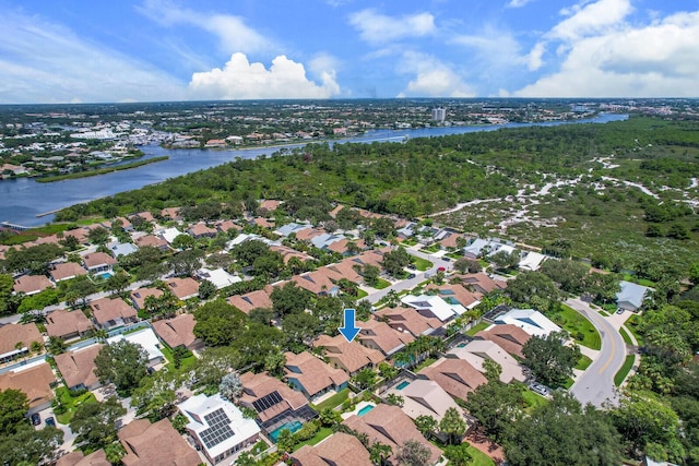 aerial view featuring a water view