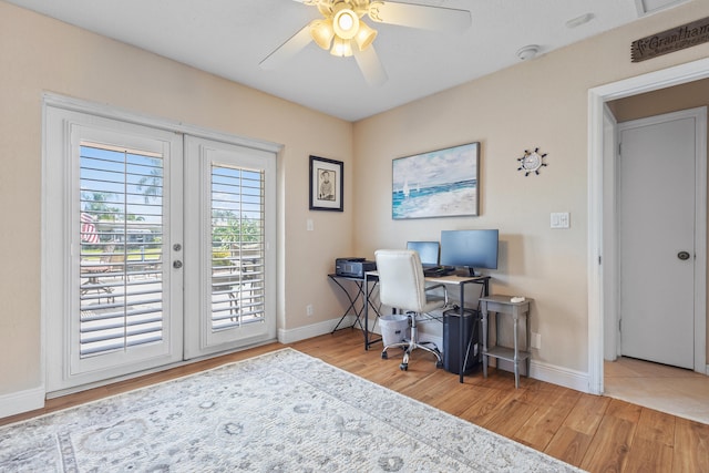 home office featuring french doors, light hardwood / wood-style floors, and ceiling fan