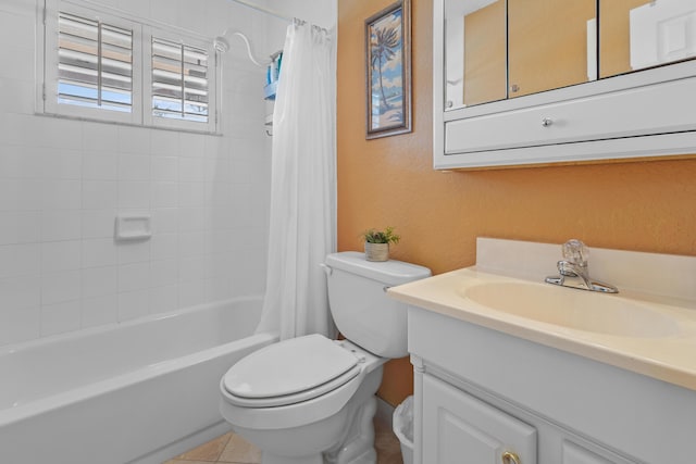 full bathroom with shower / bath combination with curtain, vanity, toilet, and tile patterned floors