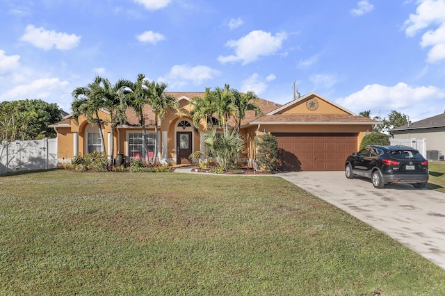 ranch-style home featuring a garage and a front lawn