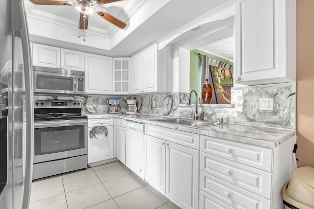 kitchen featuring crown molding, appliances with stainless steel finishes, sink, and white cabinets