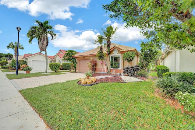 view of front of home with a tile roof, an attached garage, decorative driveway, a front lawn, and stucco siding