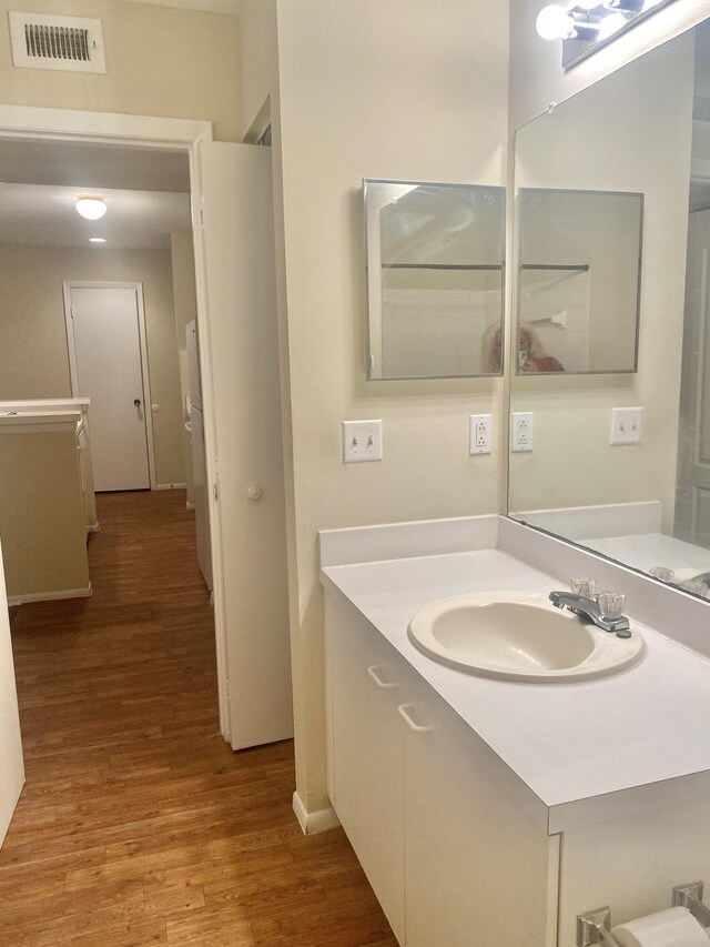 bathroom with vanity and wood-type flooring