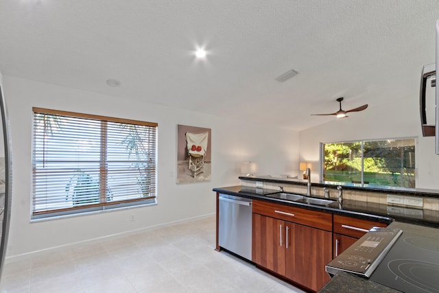 kitchen with a healthy amount of sunlight, sink, stainless steel appliances, and vaulted ceiling