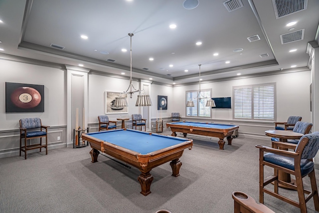 rec room with carpet flooring, a raised ceiling, and billiards