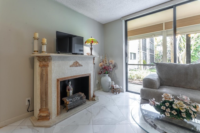 living room with a textured ceiling