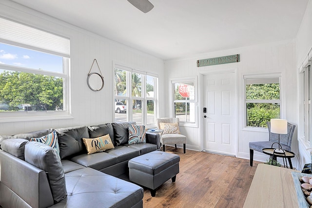 living room with hardwood / wood-style flooring and ceiling fan