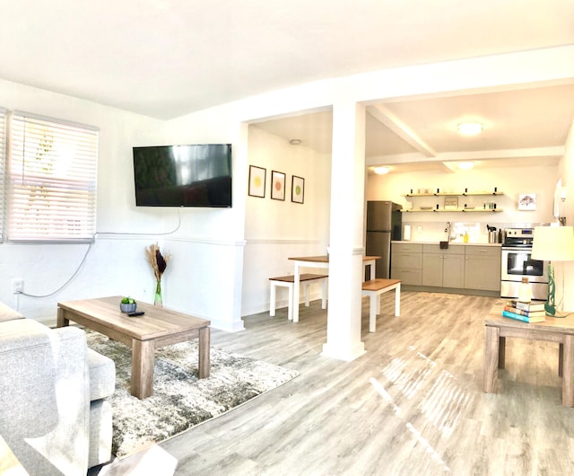 living room with light hardwood / wood-style flooring