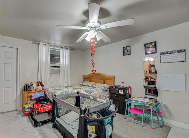 bedroom with ceiling fan and cooling unit