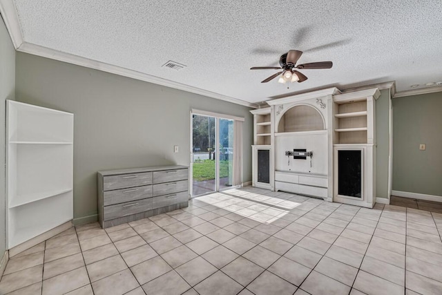 unfurnished living room with a textured ceiling, ceiling fan, light tile patterned flooring, and crown molding