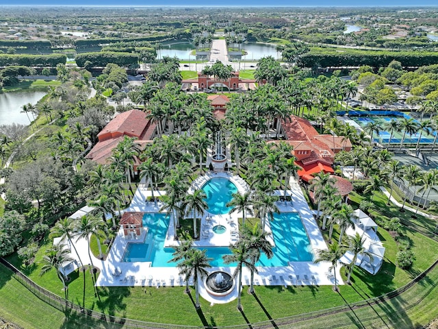 drone / aerial view featuring a water view