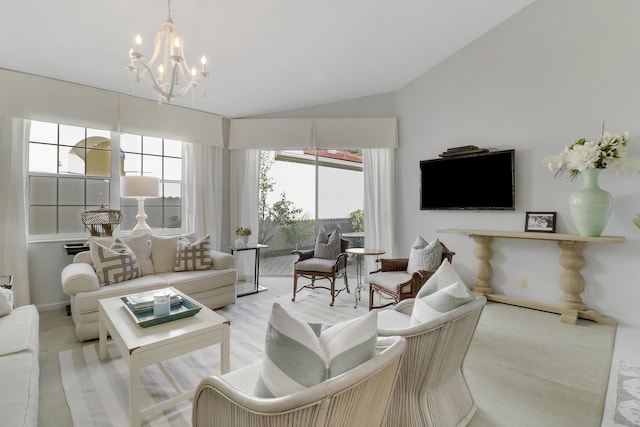 carpeted living room with vaulted ceiling and a notable chandelier