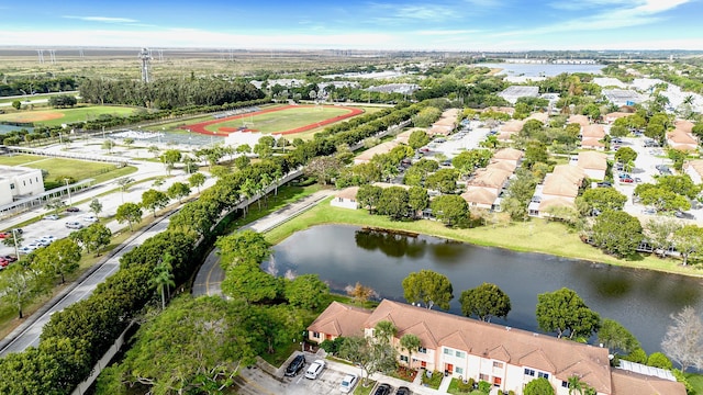 bird's eye view with a water view