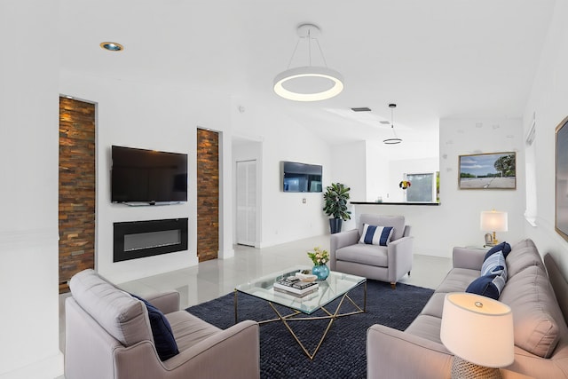 living room featuring light tile patterned floors and lofted ceiling