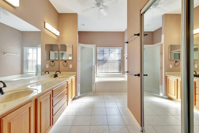 bathroom with ceiling fan, tile patterned flooring, vanity, and independent shower and bath