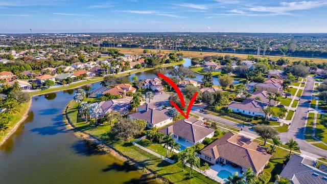 aerial view featuring a water view