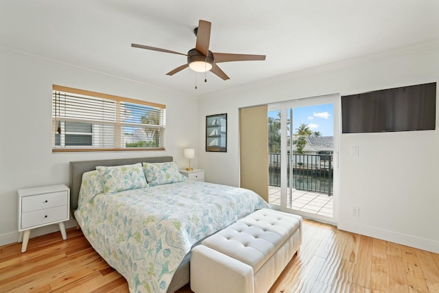 bedroom with access to exterior, ceiling fan, crown molding, and light wood-type flooring