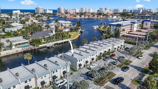 bird's eye view with a water view