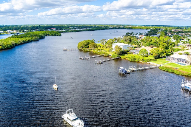 drone / aerial view featuring a water view