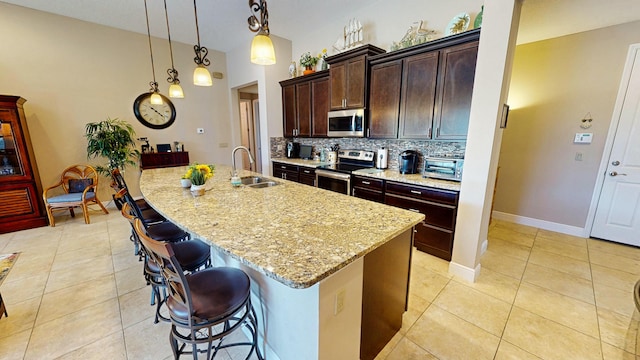 kitchen with a center island with sink, decorative backsplash, sink, and appliances with stainless steel finishes