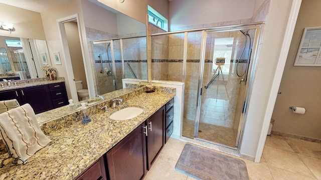 bathroom featuring tile patterned flooring, vanity, a shower with door, and toilet