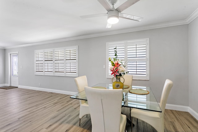 dining room featuring ceiling fan, light wood-type flooring, and crown molding