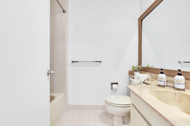 full bathroom featuring tile patterned flooring, vanity, tiled shower / bath combo, and toilet