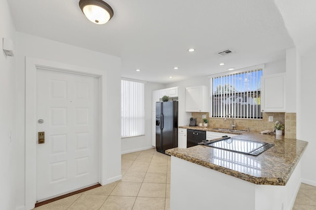 kitchen with white cabinets, sink, kitchen peninsula, and black appliances