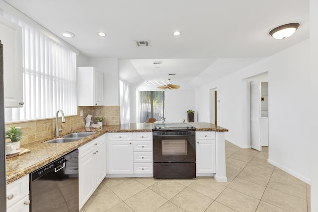 kitchen featuring white cabinets, sink, kitchen peninsula, and black appliances