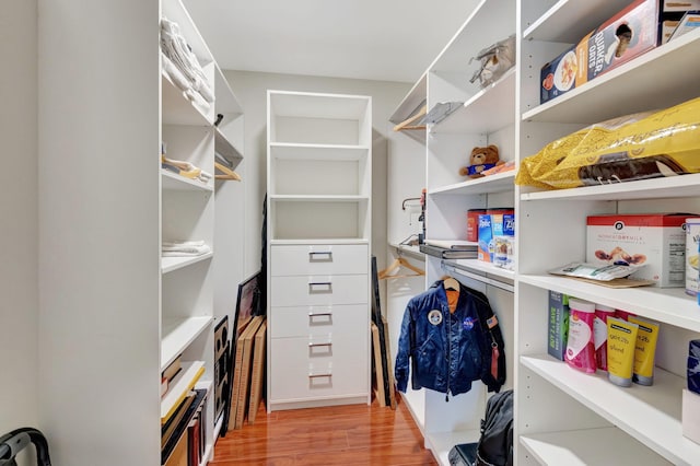 walk in closet with light hardwood / wood-style floors