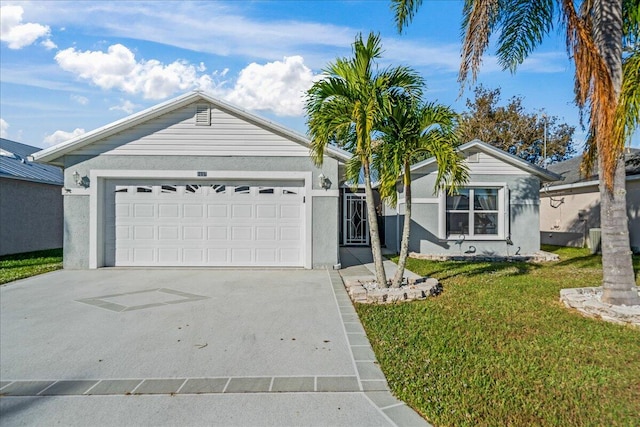 ranch-style home featuring a garage and a front lawn