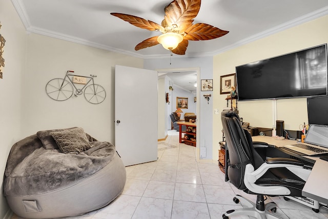 office space featuring ornamental molding and ceiling fan