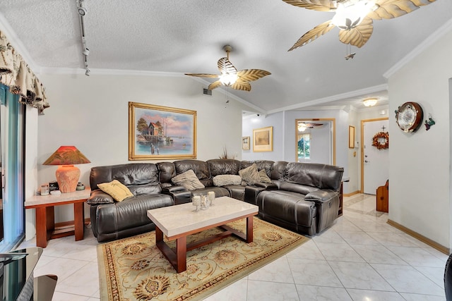 tiled living room with crown molding, lofted ceiling, and a textured ceiling