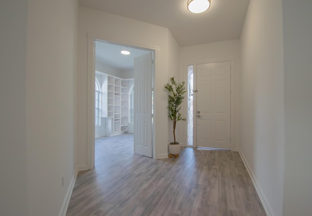 foyer with baseboards and wood finished floors