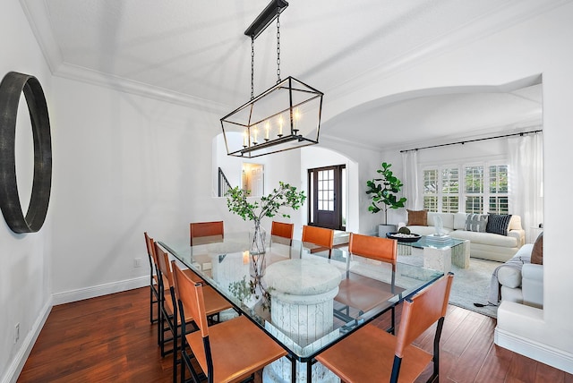 dining room with a chandelier, dark hardwood / wood-style floors, and crown molding