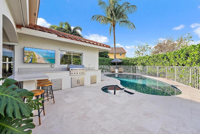 view of pool featuring an outdoor kitchen, a patio area, and grilling area