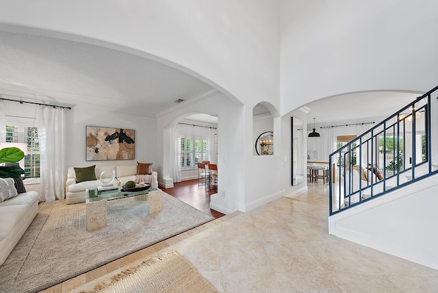 living room with crown molding