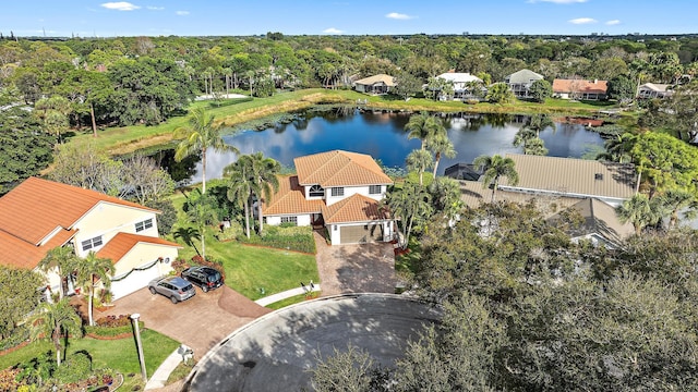 drone / aerial view with a water view