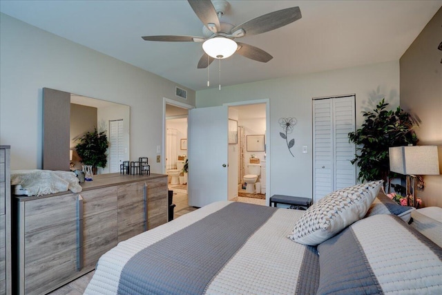 bedroom with connected bathroom and ceiling fan