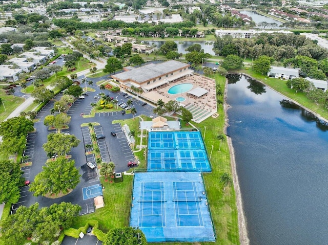 aerial view featuring a water view