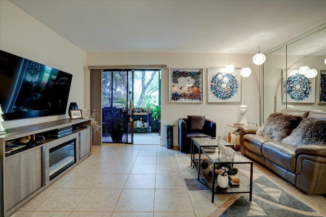 living room featuring light tile patterned flooring