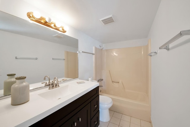 full bathroom with tile patterned flooring, vanity,  shower combination, and toilet