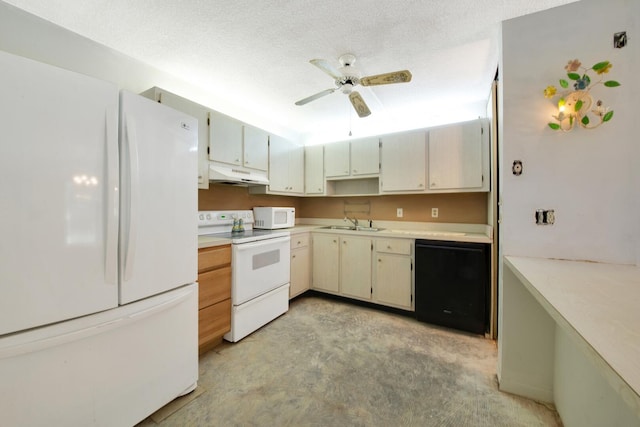 kitchen with a textured ceiling, ceiling fan, white appliances, and light carpet