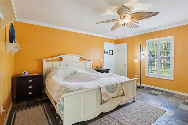 bedroom featuring ceiling fan and crown molding