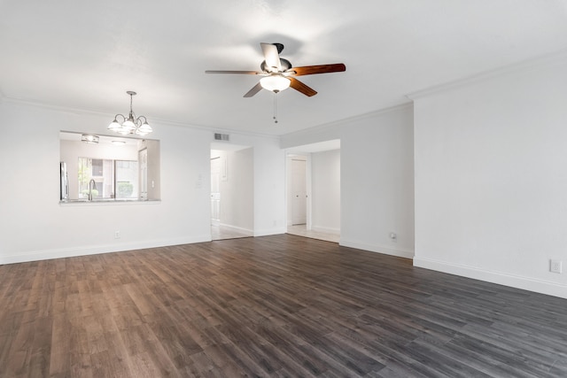 empty room featuring dark wood-type flooring, ceiling fan with notable chandelier, and ornamental molding