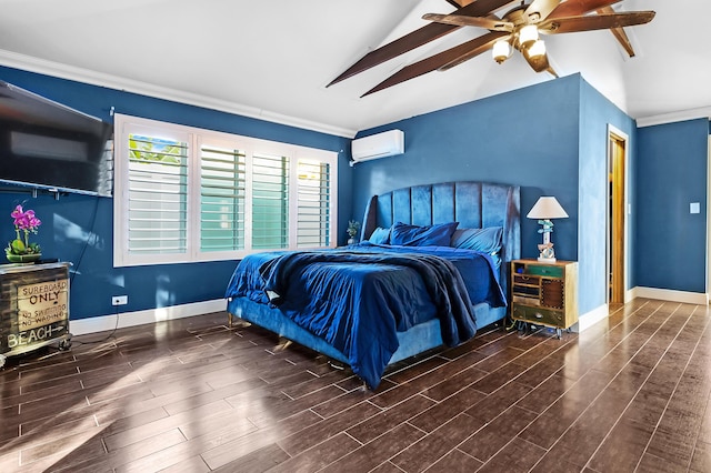 bedroom with vaulted ceiling with beams, a wall mounted AC, and ceiling fan