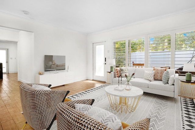 living area featuring ornamental molding and wood finished floors