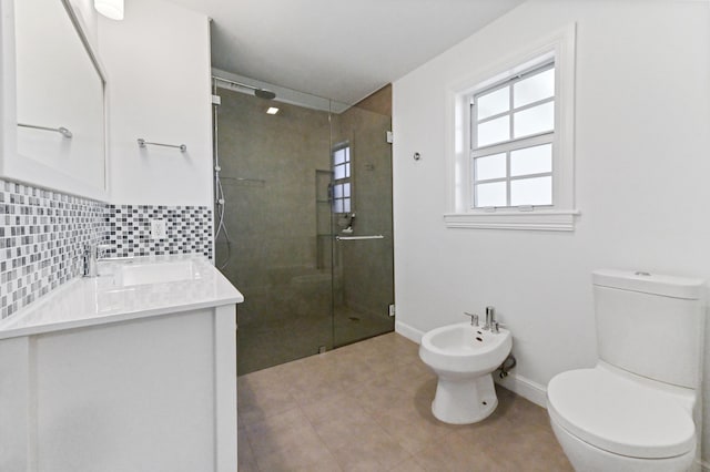 bathroom with a bidet, tile patterned floors, toilet, tasteful backsplash, and an enclosed shower